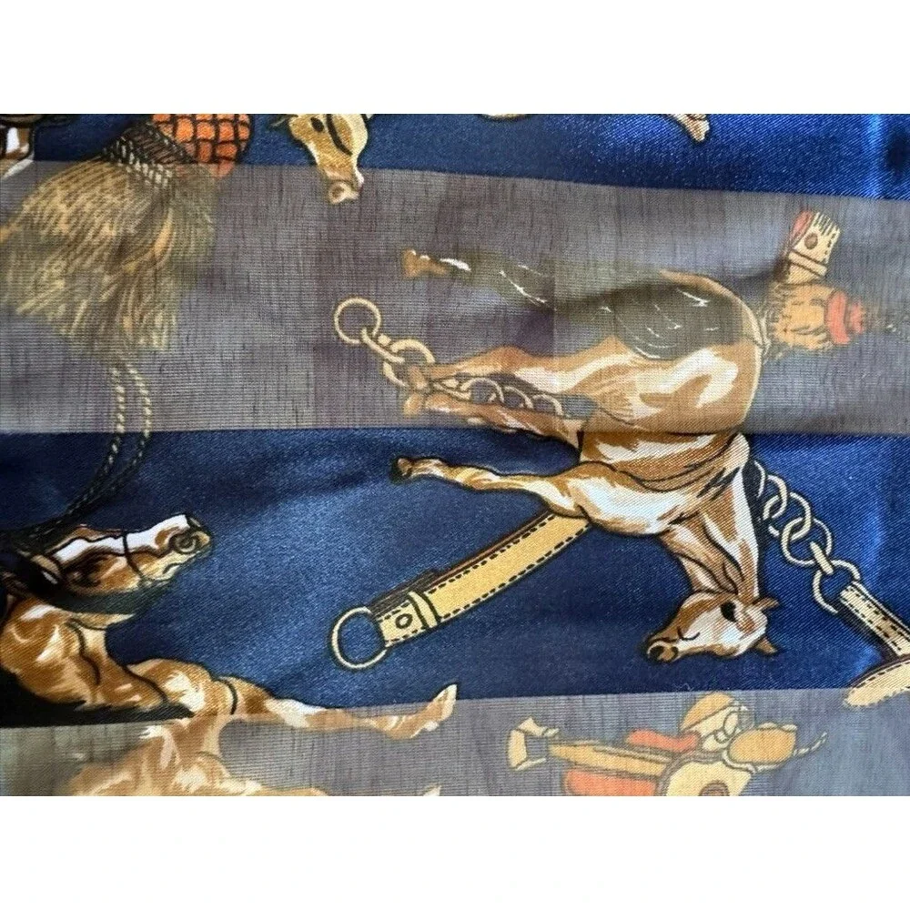 Equestrian Horse Print Rectangle Satin Long Scarf Semi Sheer Navy Gold Vtg